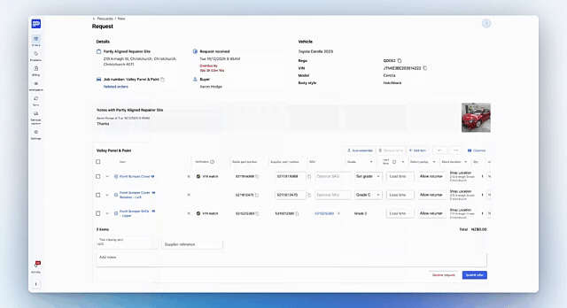 Add items and set availability details on a parts request